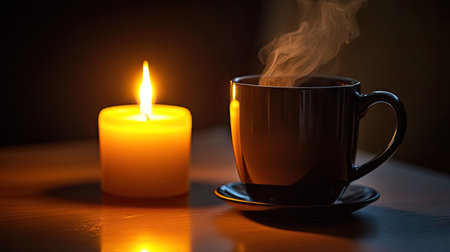 A steaming black coffee mug on a dark table near a flickering candle, adding a cozy warm glowの素材