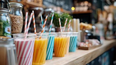 A sustainable cafe promoting eco-friendly products, including striped paper straws in fresh juice.の素材