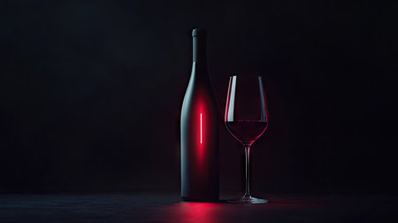 A sleek wine bottle and a glass of red wine elegantly lit against a deep black background, with soft highlightsの素材