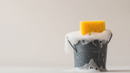 A sponge submerged in a soapy bucket, ready for cleaning dishes, against a plain white background.の素材