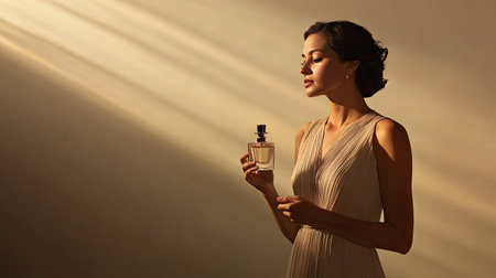 A woman in an elegant dress holding a perfume bottle, captured in a minimalistic studio settingの素材