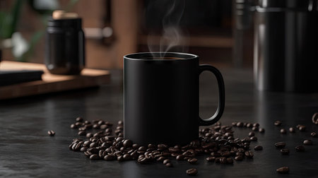 A steaming black coffee mug surrounded by scattered roasted coffee beans on a dark wooden tableの素材