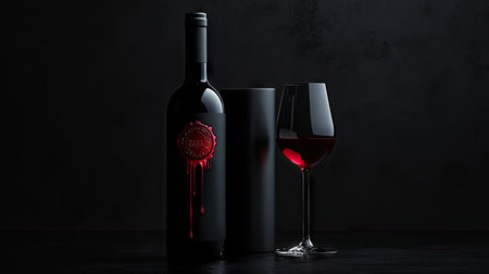 A wine bottle with a dripping red seal next to a glass of red wine, both beautifully lit against a matte black backgroundの素材