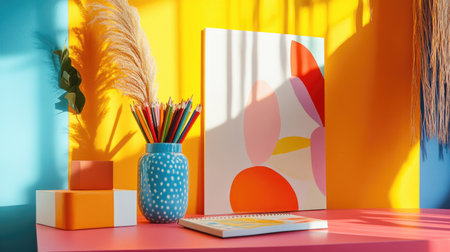 A vibrant and artistic workspace featuring a pencil vase, a sketchbook, and colorful wall art.の素材