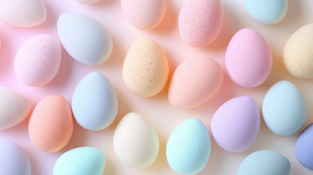 A variety of egg-shaped makeup sponges displayed in a gradient of soft pastel shades on a matching background.の素材