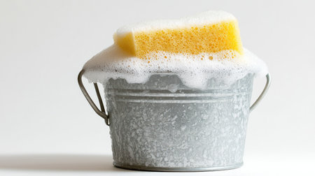 A sponge submerged in a soapy bucket, ready for cleaning dishes, against a plain white background.の素材