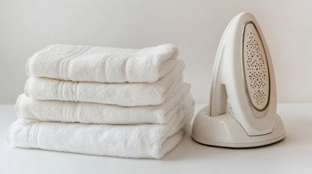 A stylish electric iron next to a pile of freshly laundered towels and linens, isolated on a white background.の素材