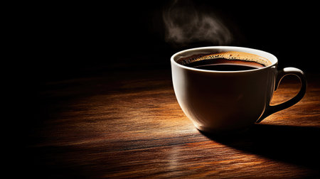 A steaming mug of hot black coffee on a dark wooden table, light steam wafting into the air, illuminated by soft morning lightの素材