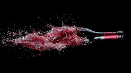 A wine bottle tilted for pouring, with red wine streaming into a glass, frozen in motion against a black backgroundの素材