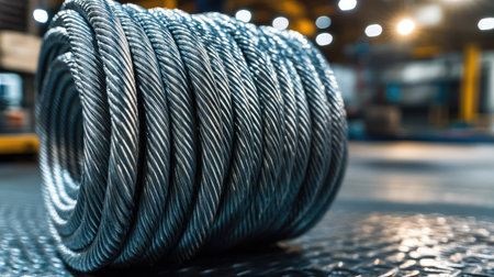 This close-up image showcases a coiled steel cable in an industrial setting, highlighting its metallic texture and strength ideal for construction and engineering applications.の素材