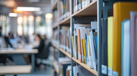 A modern library interior featuring bookshelves filled with diverse documents and colorful folders. The bright space promotes reading, study, and research activities.の素材