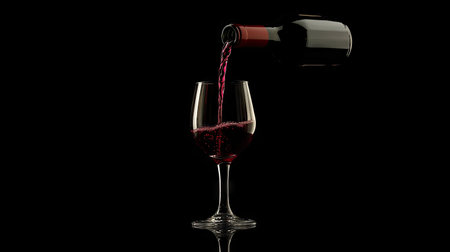 A wine bottle tilted for pouring, with red wine streaming into a glass, frozen in motion against a black backgroundの素材