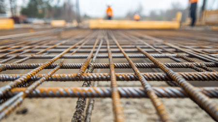 Close-up view of steel reinforcement bars arranged on a construction site, highlighting the essential materials used in building structures, with workers engaged in industry tasks.の素材