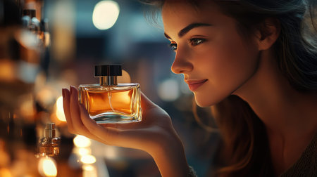 A woman thoughtfully gazing at a perfume bottle she holds, her surroundings softly blurred to highlight her focusの素材