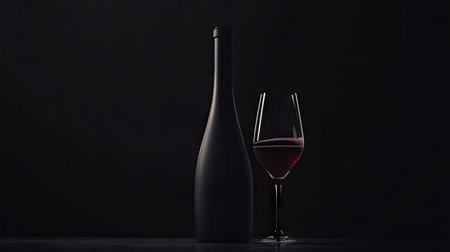 A sleek wine bottle and a glass of red wine elegantly lit against a deep black background, with soft highlightsの素材