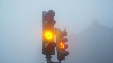A traffic light glowing brightly in the fog, with the sky barely visible in the misty atmosphere.の素材