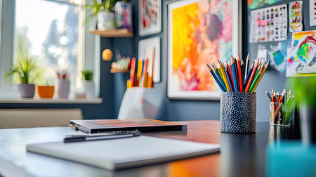 A vibrant and artistic workspace featuring a pencil vase, a sketchbook, and colorful wall art.の素材