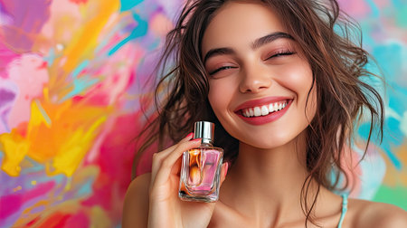A young woman with a playful smile holding a perfume bottle near her face, with vibrant colors in the backgroundの素材