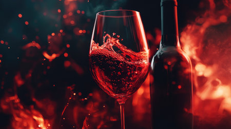A wine bottle and glass artfully arranged, with light focusing on the vibrant red liquid against a dark backgroundの素材