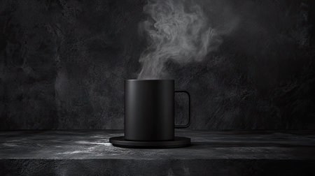 A steaming black coffee mug surrounded by faint smoke-like trails against a dark textured backgroundの素材