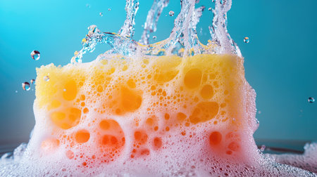 A vibrant close-up of a sponge being squeezed, with soapy water streaming out dramatically.の素材