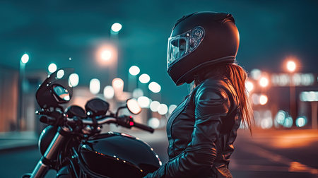 A striking image of a woman in a black leather jacket and helmet, poised on a motorcycle at night, illuminated by vibrant city lights that evoke a sense of adventure.の素材