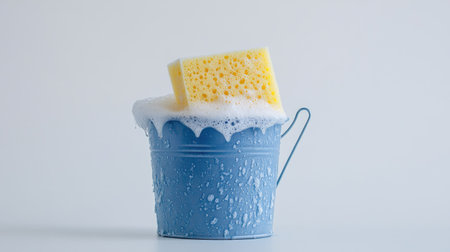 A sponge submerged in a soapy bucket, ready for cleaning dishes, against a plain white background.の素材