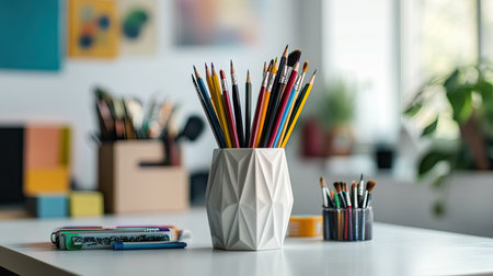A unique geometric pencil vase holding pencils and brushes, surrounded by art supplies on a designer's desk.の素材