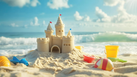 A stunning sand castle surrounded by bright toys and buckets on a sunny beach. The waves gently crash in the background, creating a perfect summer scene for children.の素材