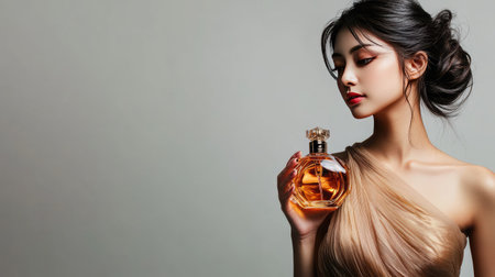 A woman in an elegant dress holding a perfume bottle, captured in a minimalistic studio settingの素材