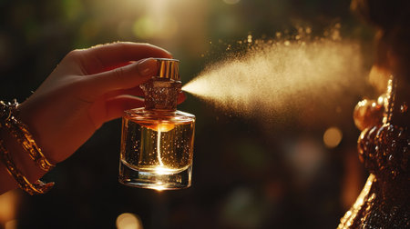 A woman spraying perfume on her wrist in a glamorous setting, with golden highlights on the bottleの素材