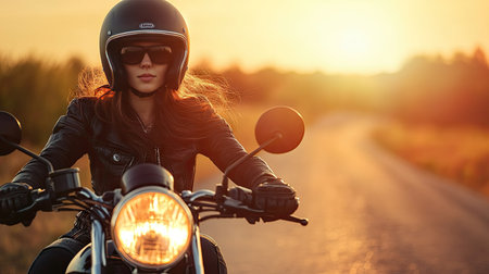 A confident woman riding her motorcycle at sunset showcases a blend of style and adventure. Her focused expression and sleek leather outfit embody freedom and thrill.の素材
