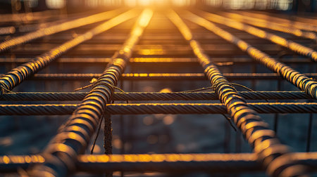 Close-up view of a steel rebar grid at a construction site, illuminated by warm sunlight. This image showcases the intricate design essential for structural strength.の素材