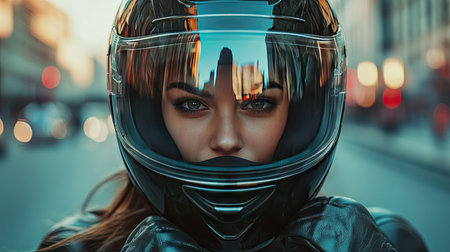 A striking portrait of a confident female rider in a reflective helmet against an urban backdrop, capturing the essence of motorcycle culture and the thrill of adventure.の素材