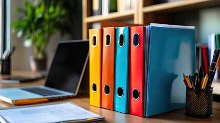 A vibrant and organized workspace featuring colorful binders, a laptop, and stationery. This setup promotes creativity and productivity in a modern office environment.の素材
