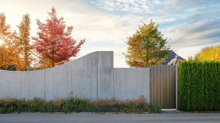 A prefabricated concrete wall fence with an elegant curved top, blending functionality with aesthetic appeal.の素材