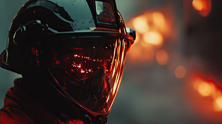 A close-up of a firefighter's helmet and reflective jacket, with flames and smoke visible in the distanceの素材