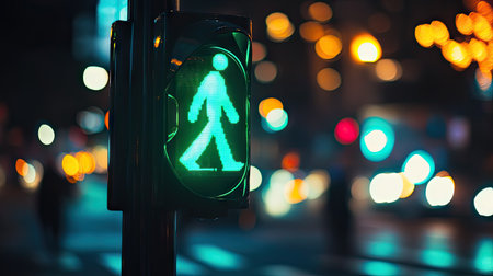 A glowing green pedestrian traffic signal stands tall against a backdrop of soft city lights, symbolizing safe crossing in a vibrant urban environment at night.の素材