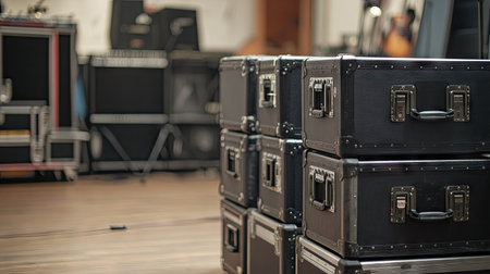 A collection of black equipment cases organized in a music studio, showcasing an efficient setup for rehearsals or performances with amplifiers in the background.の素材