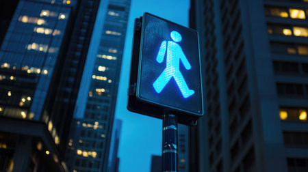 A captivating blue pedestrian signal shines brightly against the backdrop of towering skyscrapers, capturing the essence of city life during the evening hours.の素材
