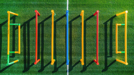 Vibrant training equipment in assorted colors rests on a lush green grass field, creating an energetic atmosphere for athletes and fitness enthusiasts.の素材