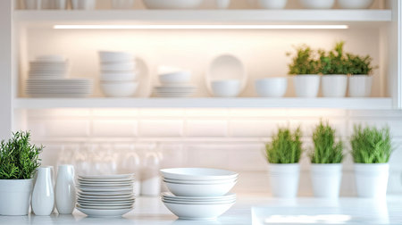 Bright and minimalistic kitchen shelves display white dinnerware and pots of fresh herbs, creating a warm and inviting culinary space perfect for home decor.の素材