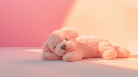 This charming image features a fluffy puppy resting peacefully against a soft pink background, evoking feelings of calm and warmth perfect for animal lovers.の素材
