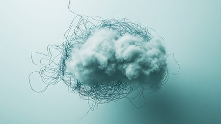 This abstract image features a cloud intertwined with tangled lines, representing complexity and creativity. The minimalist style evokes thought and inspiration.の素材