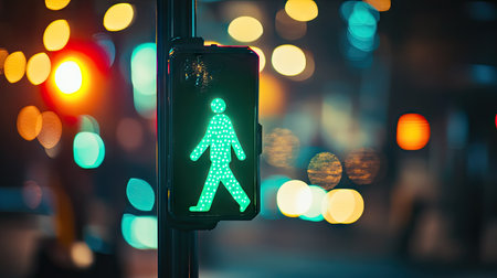 A vibrant green pedestrian signal shines brightly against a backdrop of blurred city lights, symbolizing safety and accessibility for walkers in an urban environment.の素材