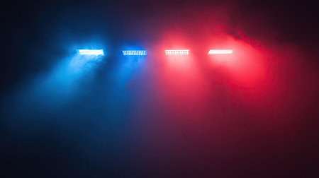 A captivating display of red and blue light beams shining through smoke creates a dramatic and colorful atmosphere perfect for events or live performances.の素材