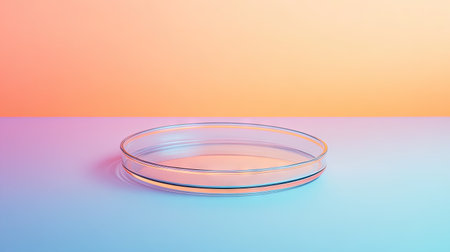 A clear petri dish rests against a vibrant gradient background, showcasing a blend of soft colors. Ideal for laboratory themes, scientific exploration, and minimalistic art.の素材