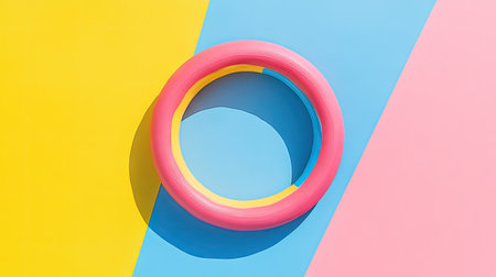 Capture the essence of summer with this vibrant pink pool float set against a colorful background. Perfect for leisure, swimming, or artistic design projects.の素材