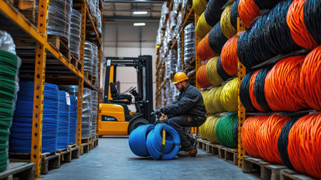 A worker organizing polyethylene rope rolls in a storage unit, with a forklift in the background and safety equipment nearby.の素材