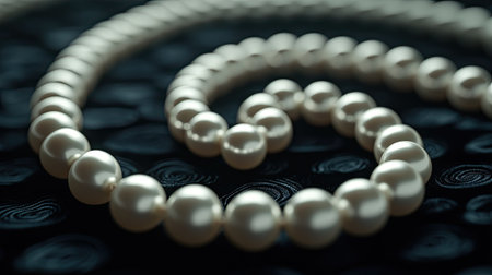 A strand of luxurious round pearls arranged in a spiral pattern on a black velvet surface.の素材